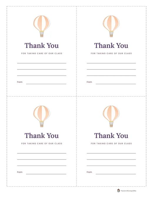 Four thank-you cards for the substitute, in Bright Pastel