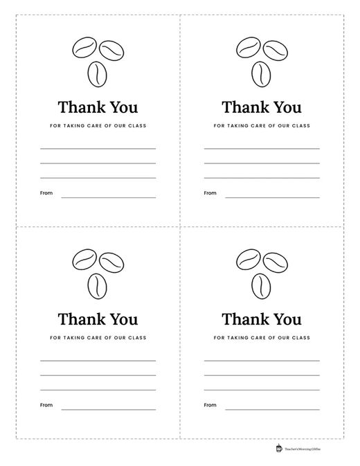 The same four thank-you cards in Black and White ink-saver