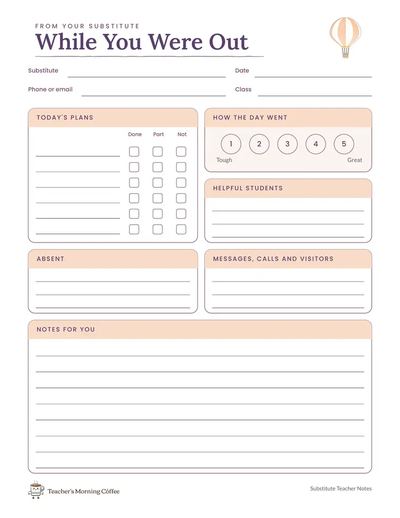 Page 1: the full-page While You Were Out report, with today's plans, how the day went and notes for you