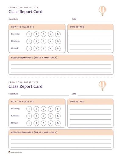 Page 7: two class report cards, with ratings for listening, kindness and on task