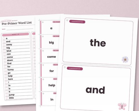 Sight word flash cards with a Pre-Primer word list, ring cards and big teacher cards for the words the and and