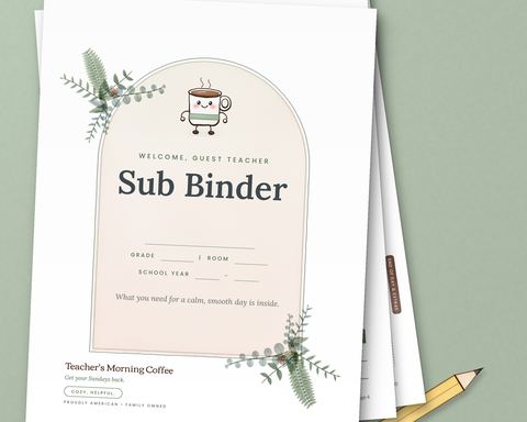 Editable sub binder cover with watercolor greenery, on a stack of binder pages with a pencil