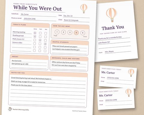 Filled-in sample of the While You Were Out sub report with contact and thank-you cards